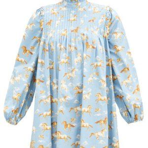 GANNI Horse-Print Pintucked Cotton Smock Dress - Blue S